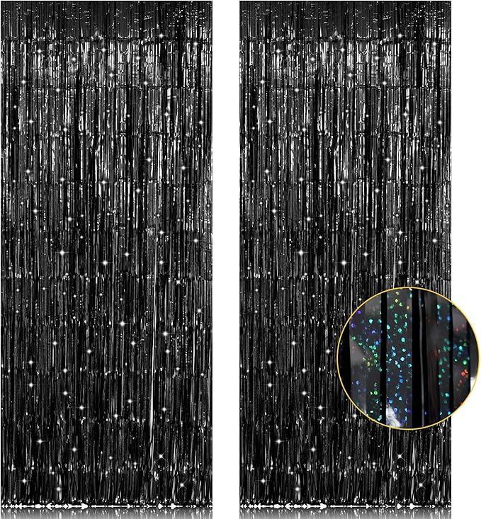 2 Pack 3.2ft x 8.2ft Black Tinsel Foil Fringe Curtain, Sparkle Metallic Foil Backdrop for Party Photo Booth Props New Years Eve Birthday Bridal Shower Bachelorette Holiday Decorations Supplies