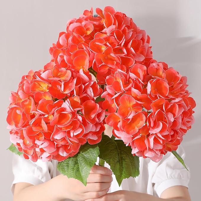 3Pcs Hydrangea Artificial Flowers, 22.44" Real Touch Latex Faux Hydrangea with Long Stems & Leaves for Home Office Decor or Wedding, Party, Centerpieces, Floral Arrangements (Orange)