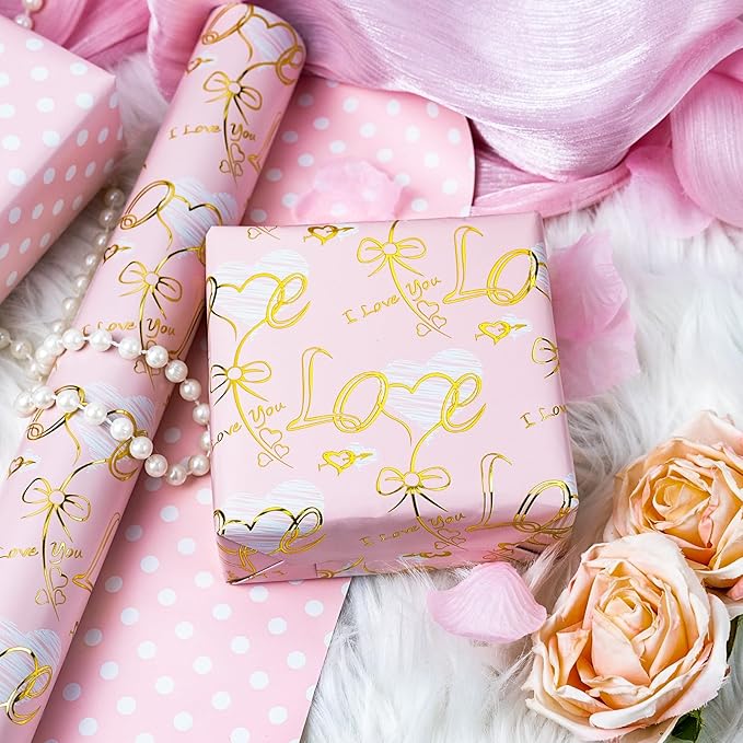 Burymento Pink Gold Love Bow Wrapping Paper, Reversible Pink Dot Design Gift Wrap for Baby Shower, Birthday, Valentines, Mothers day, Graduation, Wedding, Fathers day, Christmas (17 Inch X 32.8 Feet)