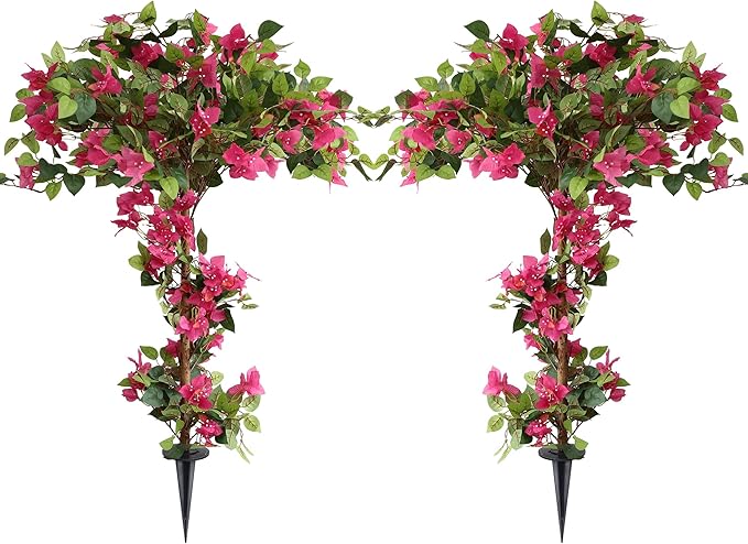 Damomo 4 Feet Artificial Bougainvillea Trees, Fake Bougainvillea Flowers Plant with Ground Spike, Outdoor Faux Azalea Blooming Plants 2 Packs for Decor Front Porch Indoor or Home Office (47 inch)