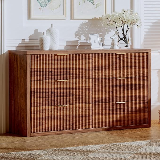 55.12" Modern Chest of Drawer, 6 Deep Drawers,Clothes Organizer,Large Storage Cabinet for Living Room, Bedroom,Dresser TV Stand, Wood Drawer Organizer for Living Room, Hallway, Saddle