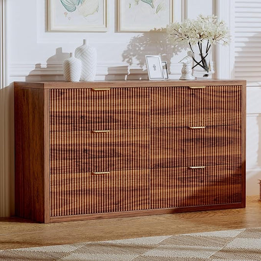 55.12" Modern Chest of Drawer, 6 Deep Drawers,Clothes Organizer,Large Storage Cabinet for Living Room, Bedroom,Dresser TV Stand, Wood Drawer Organizer for Living Room, Hallway, Saddle