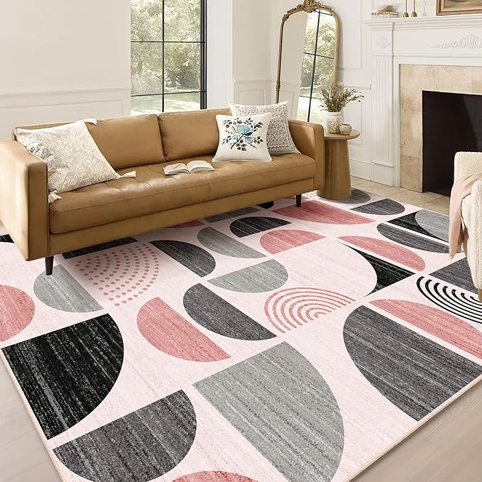 MUJOO Pink Rug Washable,5x7 Area Rugs for Living Room Bedroom,Boho Large Throw Floor Carpet Non Slip Soft Modern Abstract Pink and Grey