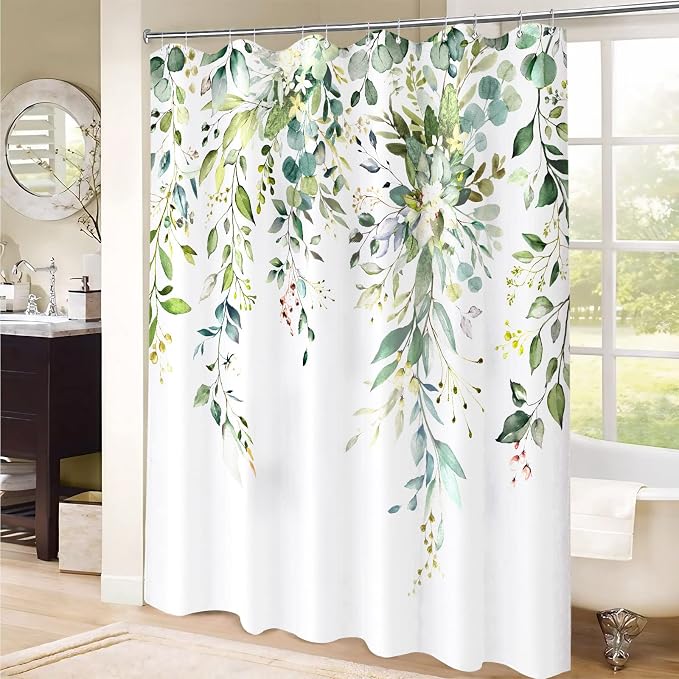 84 Inch Extra Long Green Eucalyptus Shower Curtain Watercolor Floral Plant Leaf Shower Curtains for Bathroom Botanical Flower Waterproof Fabric Bath Curtain with Hooks (Green, 72'' x 84'')