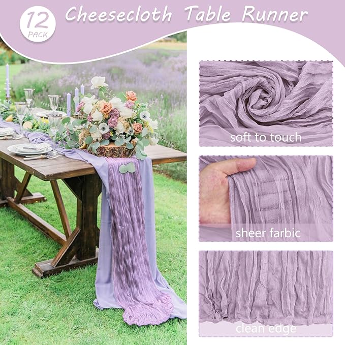 12 Pack 10Ft Cheesecloth Table Runner 35x120 Inch Boho Gauze Table Runner Cheese Cloth Long Table Runner Romantic Table Runner for Wedding Bridal Shower Birthday Party Table Decor (Light Purple)