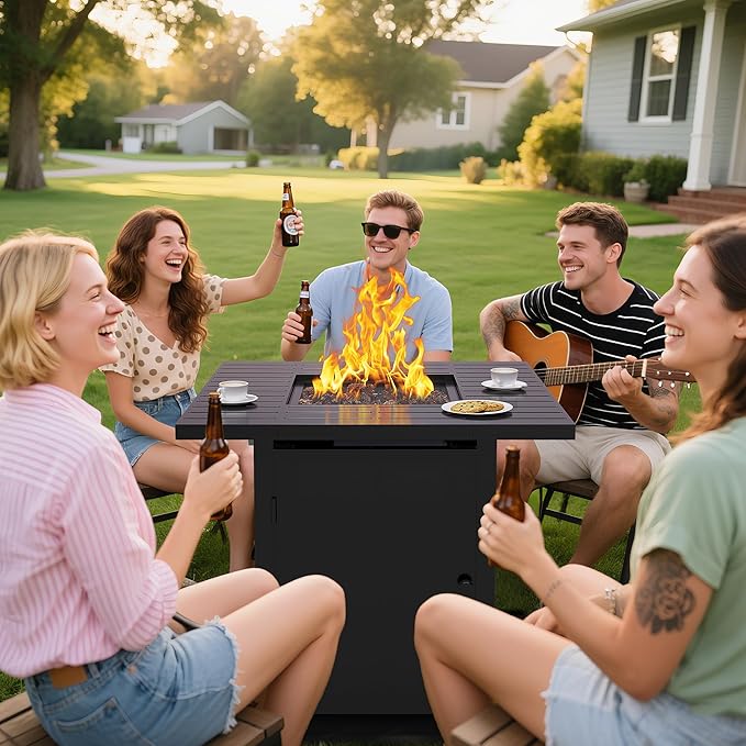 FansaFurn 30'' Propane Fire Pit Table, 50000 BTU Gas Fire Pits Table with Removable Lid and Lava Rock, Square Fire Table with Cover, Ideal for Dining or Party on Patio, Garden, Yard, Black
