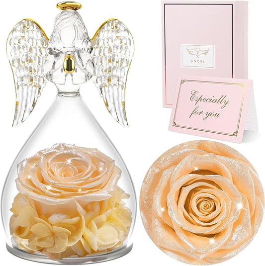 Sunia Preserved Flower Rose Gift for Women - Mother's Day Birthday Gifts for Mom Wife Grandma, Glass Angel Figurines Forever Real Roses Gifts for Her Valentine Day Thanksgiving﻿ (Sparkling Champagne)