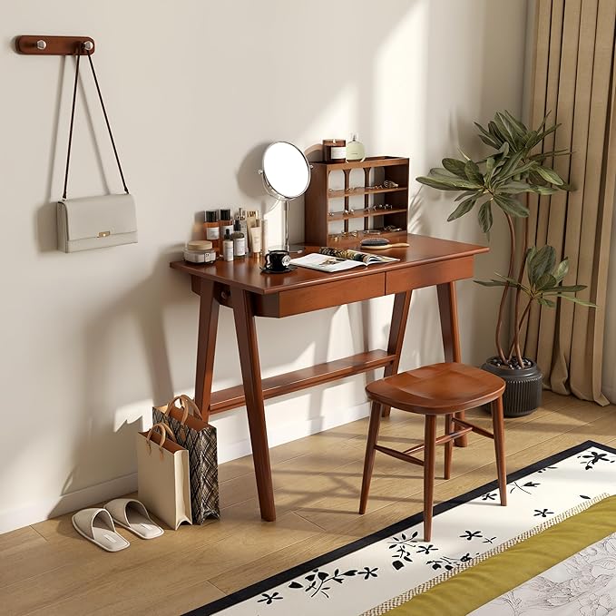 100% Solid Rubber Wood Desk Home Office Desk Mid Century Modern Writing Computer Desk with Drawer for Home Office 39"