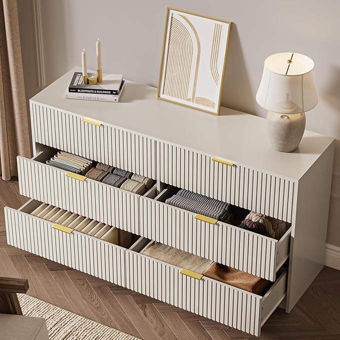 3-Piece Dresser Bedroom Set, 6 Drawer Dresser & 3 Drawer Nightstands with Gold Handles, Fluted Wood Chest of Drawers for Bedroom, Living Room, Entryway, Beige
