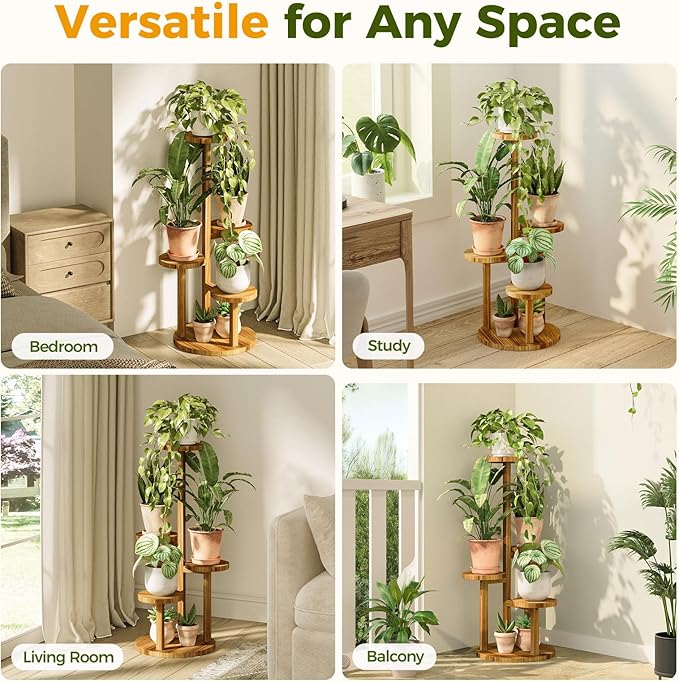 Bamworld Plant Stand Indoor Plant Shelf 4 Tier Wood Plant Stand for Multiple Plants Tall Corner Plant Stands for Outdoor Round Flower Stand Plant Holder for Living Room Patio Garden Balcony Brown