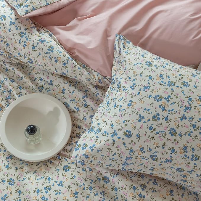 EAVD Botanical Floral Duvet Cover King Soft 100% Cotton Blue Pink Floral Bedding Set with 2 Pillowcases Chic Vintage Style Garden Floral Comforter Set Reversible Solid Pink Duvet Cover Set