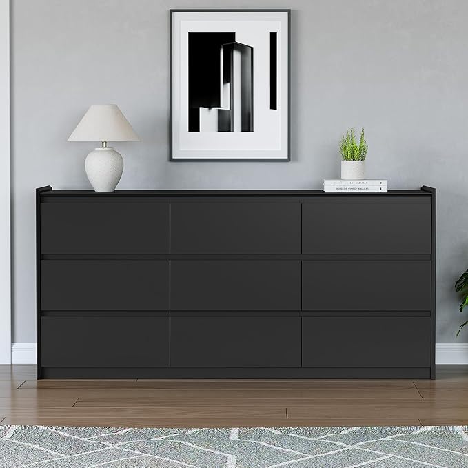 Black Dresser for Bedroom, 62" Wide Chest of Drawers, Modern 9 Drawer Storage Organizer for Closet, Hallway, or Living Room