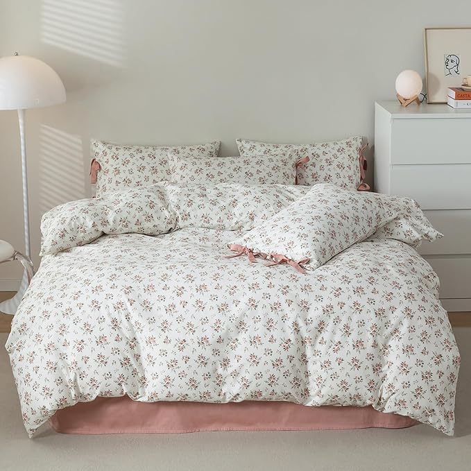 HighBuy 3 Piece Pink Floral Comforter Set Queen Size Luxury Vintage Floral Boho Comforter Set with 2 Bowknot Bow Tie Pillowcases Fluffy for Queen Bed,Soft Cozy Flowers Bedding Comforters Queen