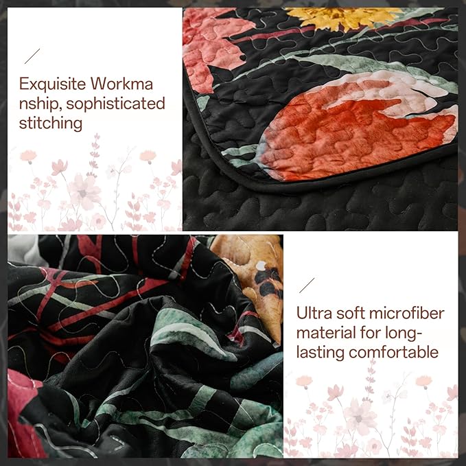 Anibedding Black Quilt Set Queen Size, Colorful Floral Bedspread with 2 Pillowcases, Soft Microfiber Lightweight Coverlet Bedding Set for All Season(96"x90")