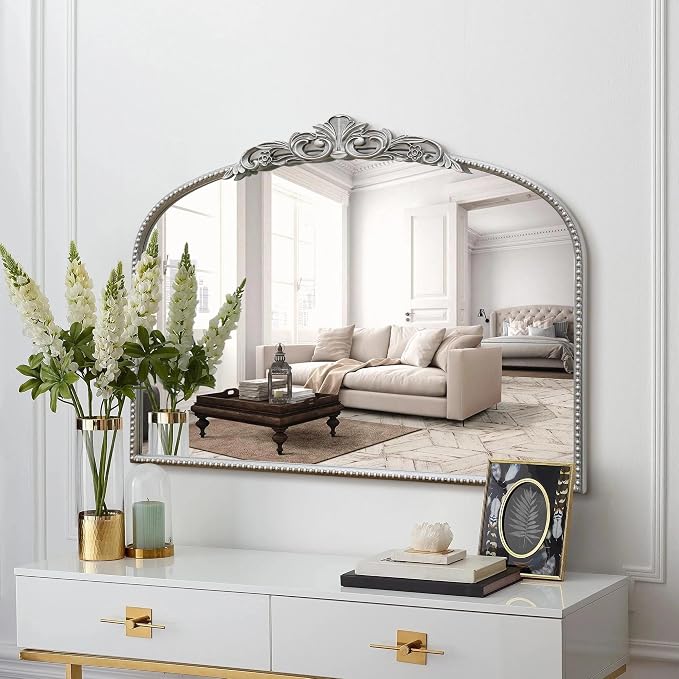 Micasso Vintage Wall Silver Mirror: 32"x24" French Baroque Antique Mirror - Traditional Ornate Decorative Arched for Wall/Bathroom/Entryway/Fireplace/Hallway - Home Decor for Living Room