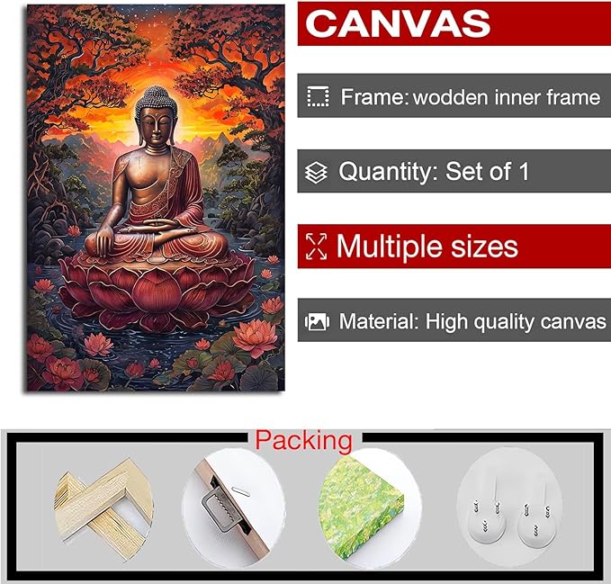 Golden Buddha on lotus seat serene meditation statue amidst lush trees flowing water and sunrise light spiritual home art for a tranquil decor 20x30in Wood Framed