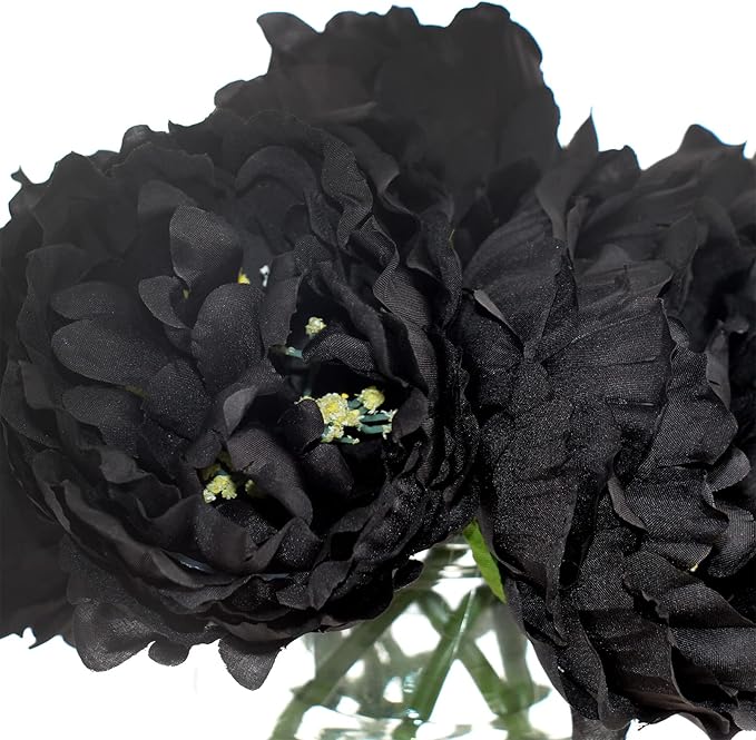 Tinsow Artificial Peony Flowers Black Silk Flowers Peony Bouqeut for Halloween Home Deorations Gothic Wedding (Black, 10)