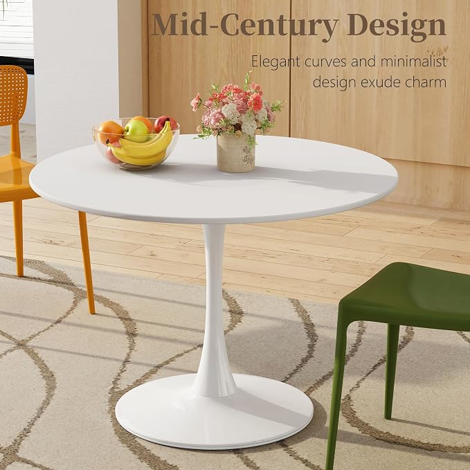 42" Tulip Table for 4-6 Persons Modern Round Dining Room Table, Mid-Century Modern White Small Kitchen Table with MDF Wooden Top, Leisure Coffee Table for Living Room, Dining Room, Office