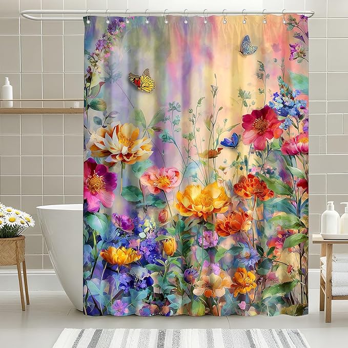Wildflower Shower Curtain Colorful Flower Butterfly Shower Curtains for Bathroom Waterproof Fabric Bath Curtain Decor with Hooks