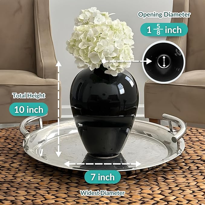 Willowy 10 Inch Glossy Porcelain Vase - Large Black Ceramic Vase, Black Vases for Centerpieces, for Home Decor, Tall Vase for Flowers, Modern Vases for Flowers