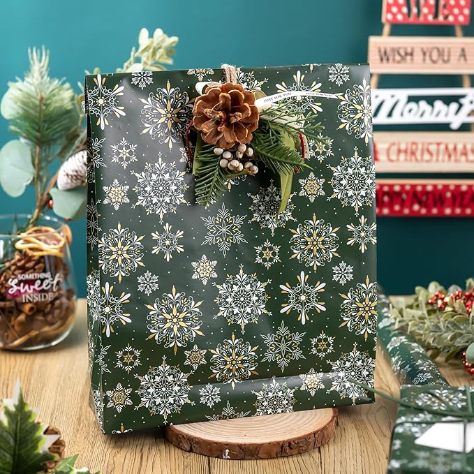 MAYPLUSS Christmas Wrapping Paper Roll - 17IN X 33FT - Green Gift Wrapping Paper Featuring Snowflake Against Dark Green Reversible Polka Dot for Kids, Holiday, New Year