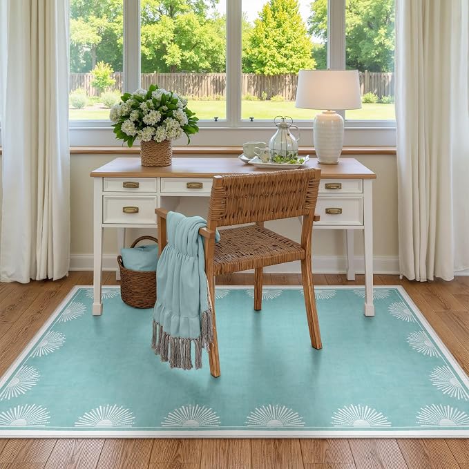Hedlive Washable 3x5 Toddler Rug, Soft Low Pile Baby Blue Nursery Area Rugs for Boys and Girls, Sun Print Floor Carpet for Kid Baby Room Bedroom Playroom Classrooom Dorm(3'x5',Baby Blue)