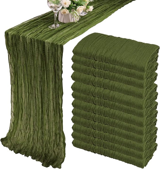 12 Pack Boho Gauze Table Runner - 35x72 Inch, Rustic Cheese Cloth, Long, Romantic, for Wedding, Bridal Shower, Birthday Party Decor (Grass Green)
