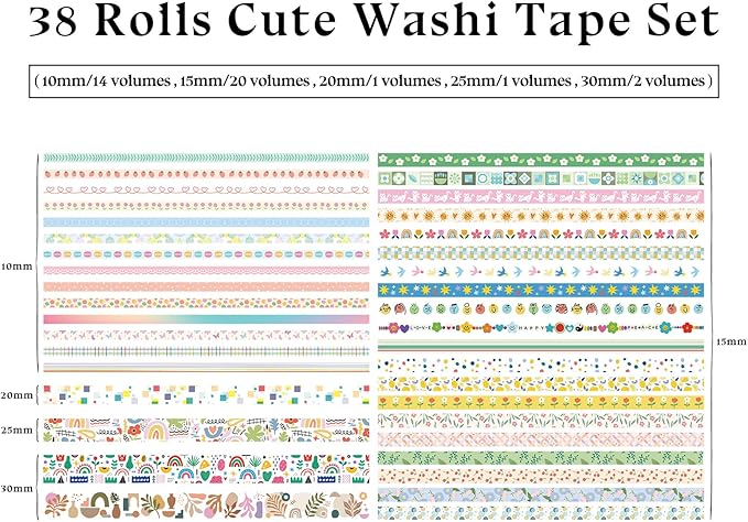 Bomichi 38 Rolls Washi Tape, Aesthetic Colored Decorative Cute Scrapbook Tape for Scrapbooking Supplies Journaling Craft Junk Journal