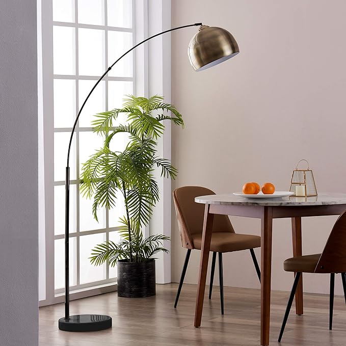Teamson Home Arquer 68.1" Arc Floor Lamp for Living Rooms, Home Offices, Dining Rooms, Bedrooms with Faux Black Marble Base and Antique Brass Bell Shade