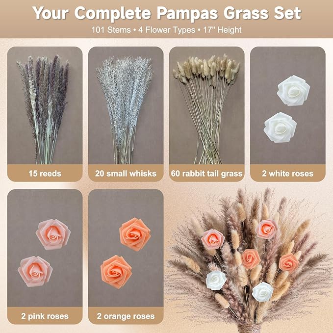 Pampas Grass Boho Home Decor 101PCS 17 inch Natural Dried Flowers for Vase Pompas Eucalyptus Stems, Artificial Flowers Bouquet DIY Arrangements Boho Wedding Bedroom Tables Rustic Decoration