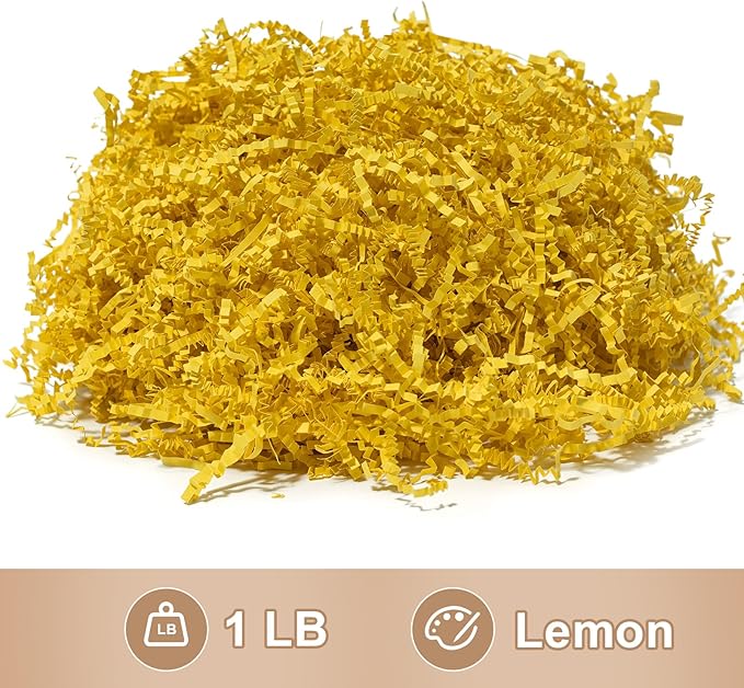 Wowxyz 1 LB Crinkle Cut Paper Shred Yellow Crinkle Shredded Paper for Gift Baskets - Gift Box Bag Filler - Confetti Stuffing for Birthday, Holiday Present Packaging Wrapping