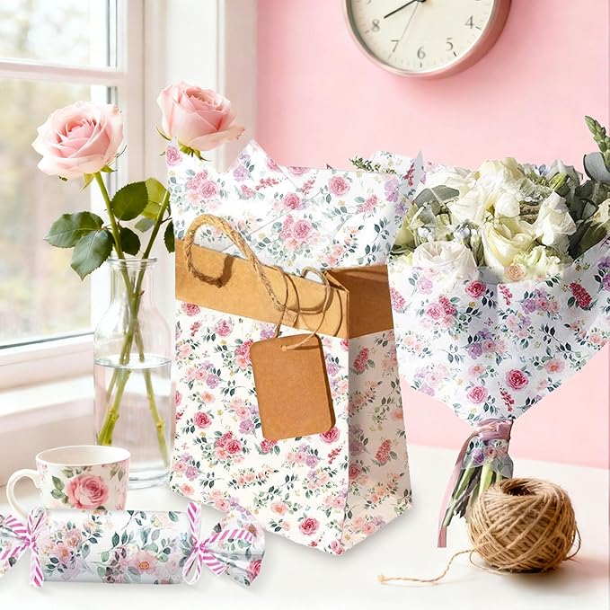 50 Sheet Pink Flower Tissue Paper Rose Floral Gift Wrapping Paper Watercolor Wildflower Patterned Tissue Papers for Gift Wrap DIY Crafts Packaging Wedding Bithday Party Supplies