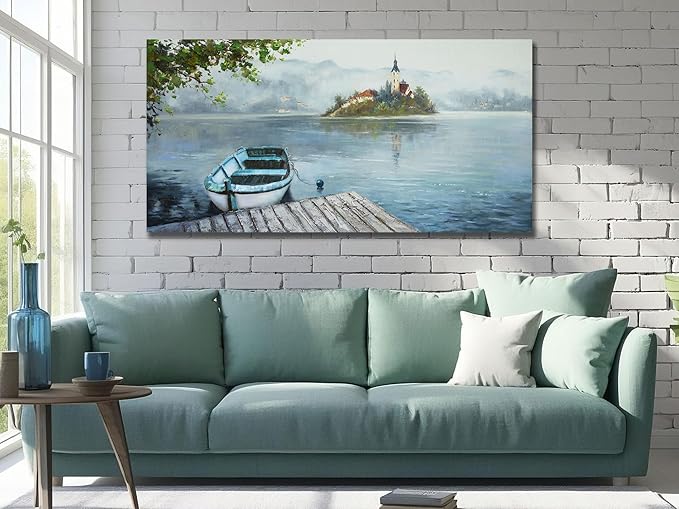 Ardemy Lake Canvas Wall Art Landscape Boat Pictures Wall Decor Living Room Scenic Artwork Painting Bedroom Ktchen Dining Room Home Office, 40"x20"