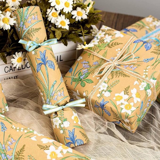 MAYPLUSS Kraft Floral Wrapping Paper - 17Inch x 16.5Feet - Elegant Meadow Gift Wrap Boho Garden Watercolor Flower Gift Wrapping Paper for Birthday, Wedding, Mothers Day, Bridal Shower, Engagement