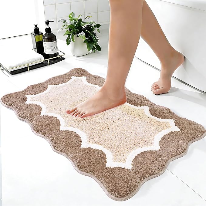 Cute Scalloped Beige Bathroom Rugs Mat,Non Slip Absorbent Quick Dry Bath Mats for Shower Room,Microfiber Bath Mats for Bathroom Floor Washable Carpet for Shower Tub Sink Bedroom,16"x24"