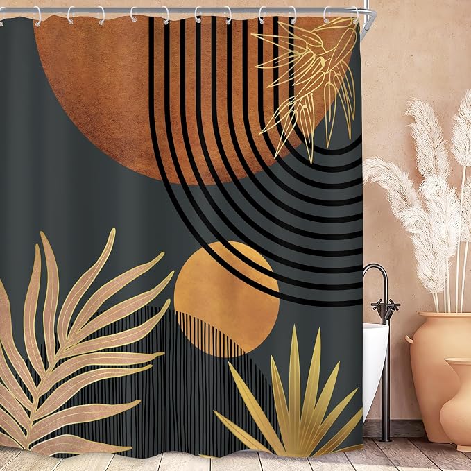 KOMLLEX Mid Century Brown Black Boho Shower Curtain for Bathroom Decor 72Wx78H Inches Abstract Modern Plant Botanical Minimalist Arch Sun Neutral Fabric Waterproof Polyester 12 Pack Hooks Pack Hooks