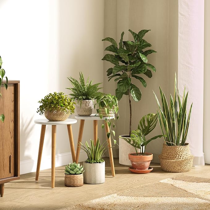 Uneedem Plant Stand Indoor, Mid Century Modern Small Round Plant Table for Flower Pots, 16.5" Tall Plant Holder Wood Stool for Living Room (2 Pack)