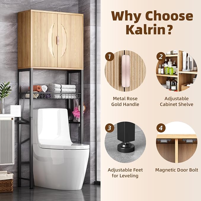 Kalrin Over The Toilet Storage Cabinet with Fluted Wave Doors and Adjustable Shelf, Wood Over Toilet Storage Rack with Drain Basket, Freestanding Bathroom Organizer for Balcony Laundry, Wood & Black