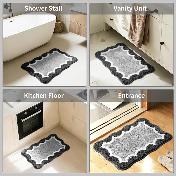 Scalloped Black Small Bathroom Rugs Mat,Non Slip Absorbent Quick Dry Bath Mats for Shower Room,Plush Microfiber Bath Rug for Bathroom Floor Washable Carpet for Shower Tub Sink Bedroom,16"x24"