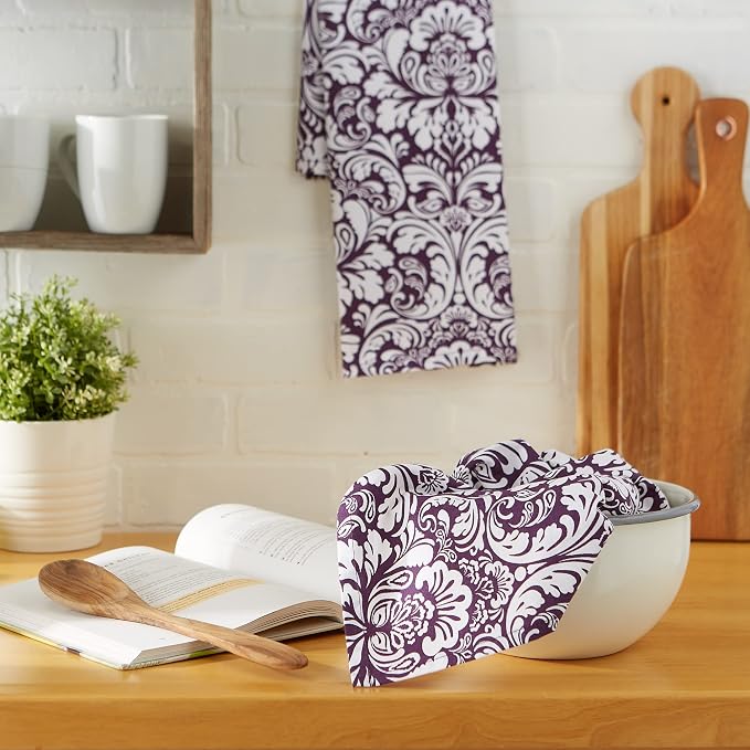 DII Cotton Dish Towel Set Damask Print, 18x28, Eggplant, 2 Count