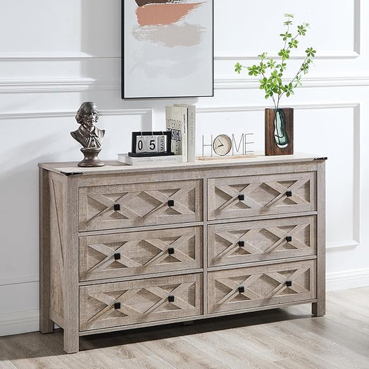 6 Drawer Dresser, Farmhouse 54" Wide Wood Chests of Drawers for Bedroom, Grey Dresser TV Stand Organizers for Entryway, Clothes Organizer, Accessory Storage Cabinet, Light Rustic Oak