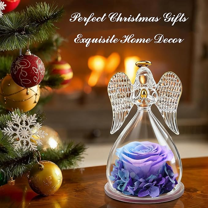 Sunia Preserved Flower Rose Gift for Women - Mother's Day Birthday Gifts for Mom Wife Grandma, Glass Angel Figurines Forever Real Roses Gifts for Her Valentine Day Thanksgiving﻿ (Blue Purple)