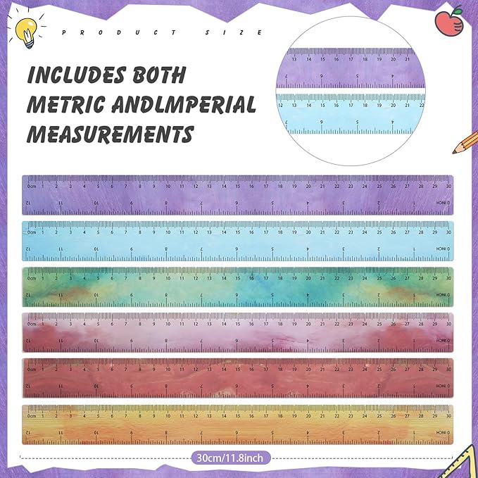 ForraFun 60 Pcs Plastic Clear Rulers 12 Inch, Transparent Assorted Color Ruler Bulk, with Imperial and Metric Scales for Home Office Supplies, Available in 6Colors(Oil Painting Colors)