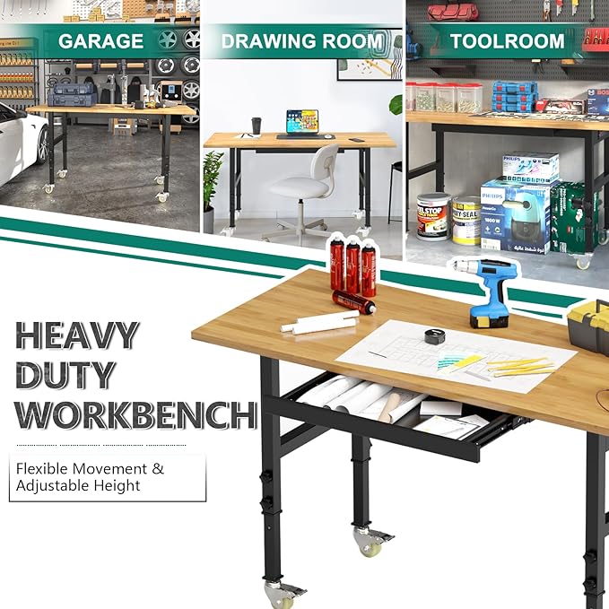 Adjustable Heavy Duty Workbench with Drawers,Rubber Wood Top Working Table, 2500 LBS Load Capacity with for Workshop and Office,etc.