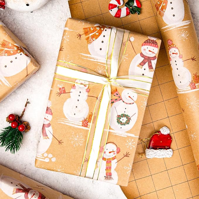 MAYPLUSS Christmas Wrapping Paper Roll - 17IN X 33FT - Kraft Gift Wrapping Paper Featuring Cute Scarf Snowman Snowflake Reversible Cut Lines for Kids, Holiday, New Year