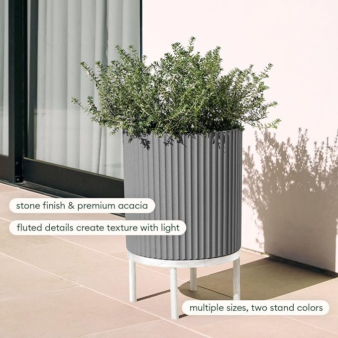 Veradek Demi Series Round Planter w/Stand for Porch/Patio | Durable Plastic-Stone Composite & Wooden Stand | Modern Décor for Tall Plants, Flowers