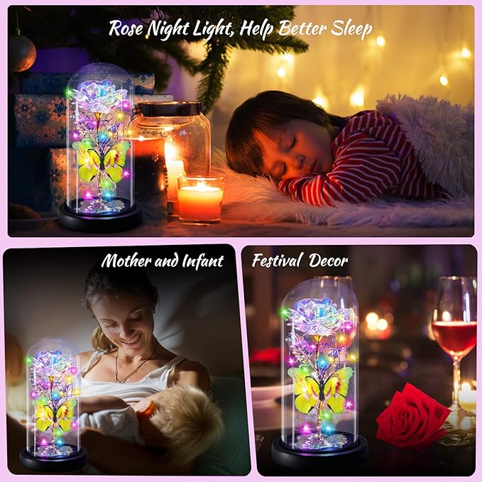 Rainbow Butterfly Rose Flower Birthday Gifts - Women Gifts for Her Anniversary Valentines Mothers Day Christmas Thanksgiving - Light Up Rose Flower Gifts for Wife Mom Grandma Girlfriend Lady Girl