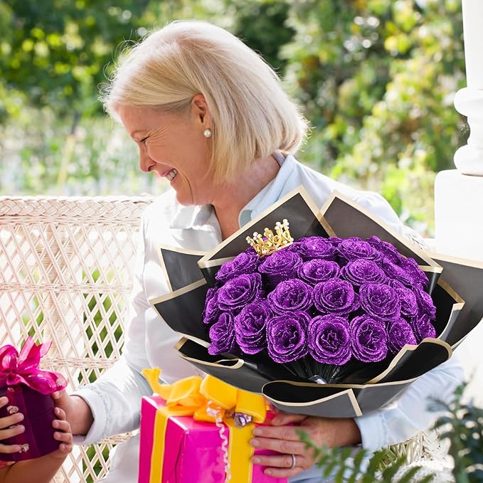 Waipfaru 24 Pcs Glitter Roses Bouquet, DIY Fake Flowers Bouquet, Artificial Purple Rose Bouquet for Valentines, Mothers Day Gifts, Anniversary, Engagement, Wedding