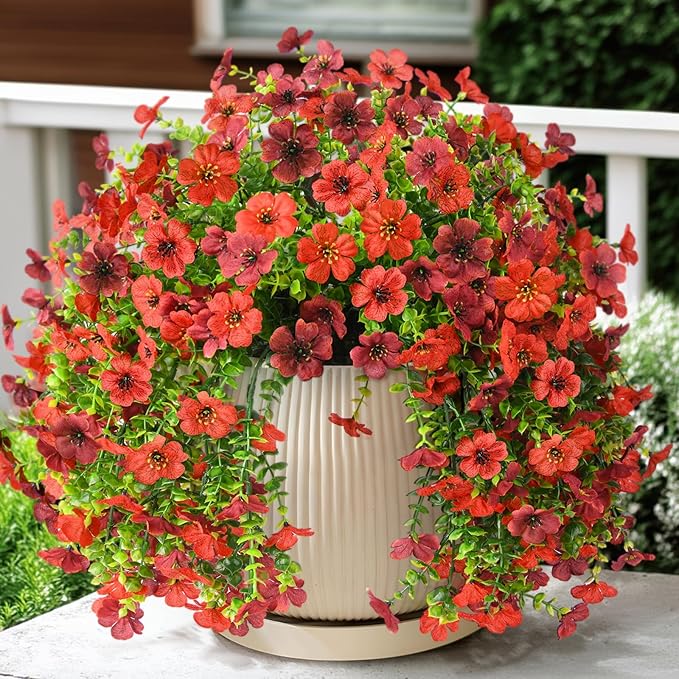 Artificial Fake Flowers Plants for Outdoor Fall Decoration, 2PCS Faux Mums Flowers for Outside UV Resistant Realistic for Porch Patio Garden Yard Balcony Home Decor(Red Brown)