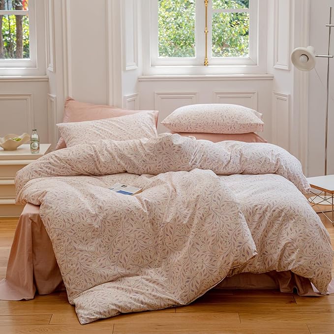 EAVD Pink Botanical Duvet Cover Queen - Soft 100% Cotton Garden Floral Tree Branches Pattern Bedding Set with 2 Pillowcases Vintage Style Comforter Cover with Zipper Closure